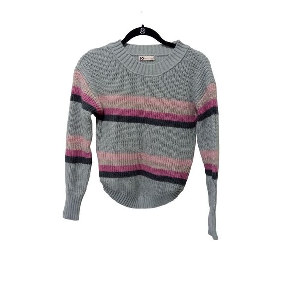 So Women's Gray and Pink Stripe Hem Pullover Sweater Small - Picture 1 of 6